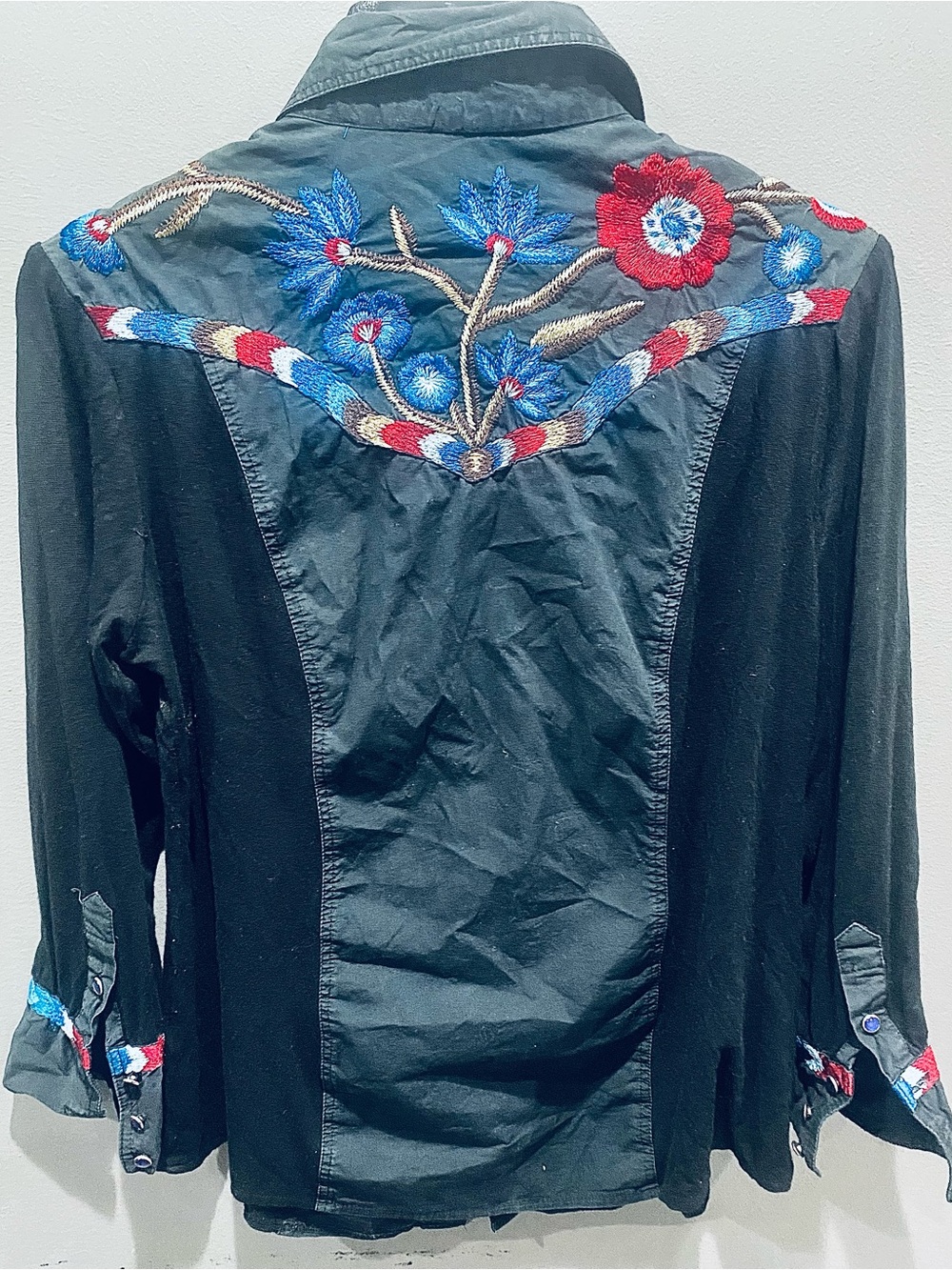 Black Embroidered Western-Style Button down shirt with Red & Blue Floral Detail
